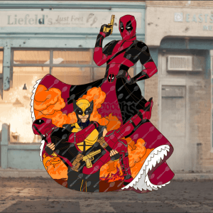 Princesspool holding a golden gun, in a beautiful red dress featuring an action scene on the dress.